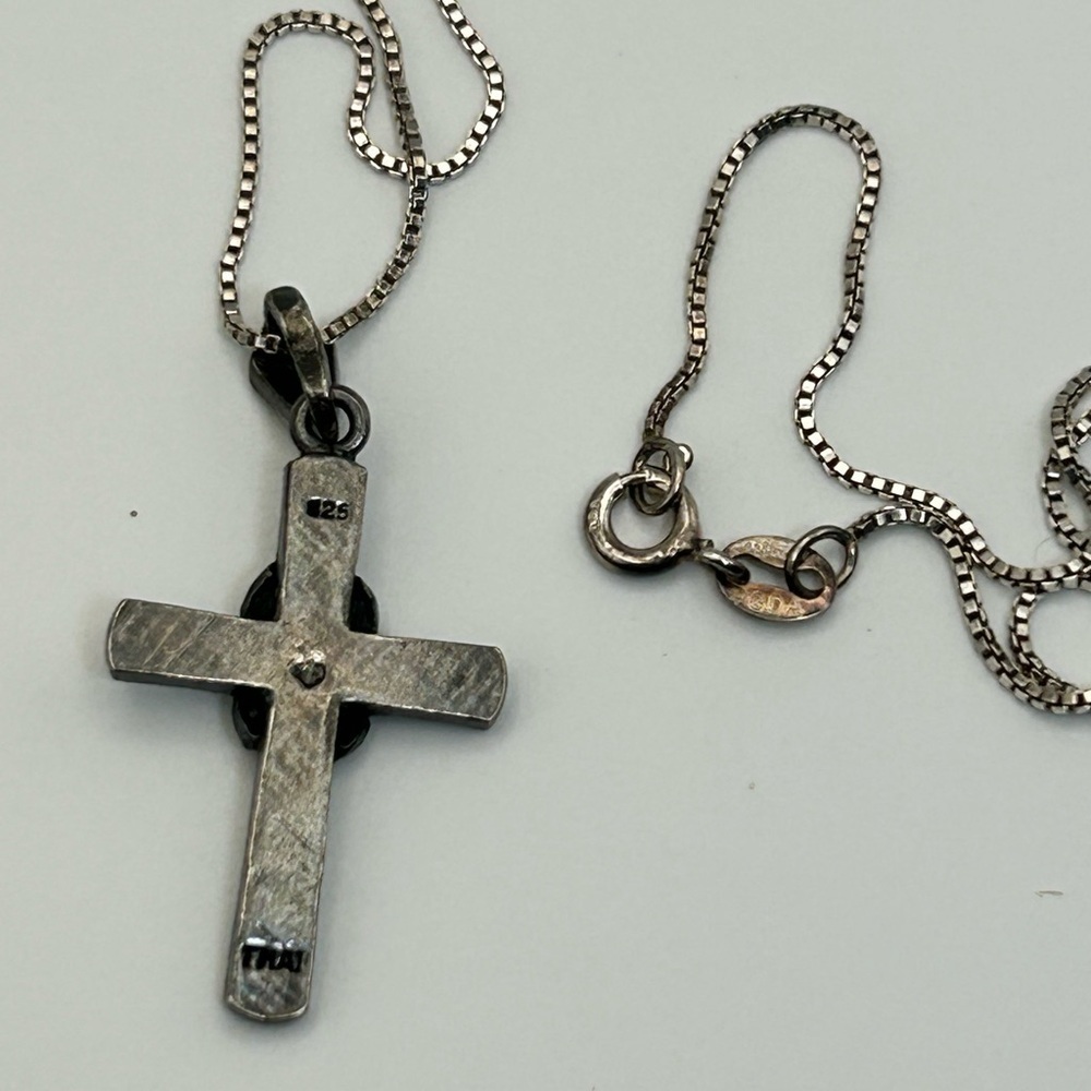 925 Silver Thai Cross Pendant Necklace Black with Blue Crystals Chain PGDA Italy - Picture 11 of 15